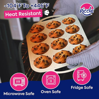 RICCLE Silicone Muffin Pans for Baking with Metal Reinforced Frame, 12-Cup Cupcake Pan, 2 Pcs Muffin Trays for Cupcake Baking, Tray Molds, Oven & Dishwasher Safe, BPA-Free (2 x Standard)