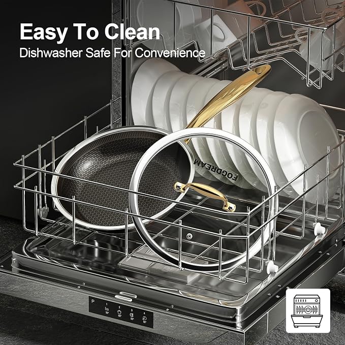 FogDream 10" 11" Stainless Steel Frying Pan with Lid, Honeycomb Hybrid Nonstick Skillet for Induction & All Cooktops, PFAS/PFOA/PTFE Free, Oven Safe to 500°F, Stay-Cool Handle, Dishwasher Safe, Gold