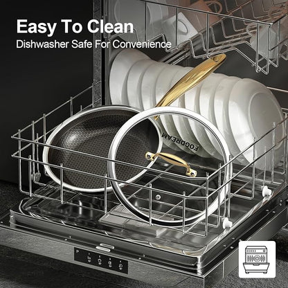 FogDream 10" 11" Stainless Steel Frying Pan with Lid, Honeycomb Hybrid Nonstick Skillet for Induction & All Cooktops, PFAS/PFOA/PTFE Free, Oven Safe to 500°F, Stay-Cool Handle, Dishwasher Safe, Gold