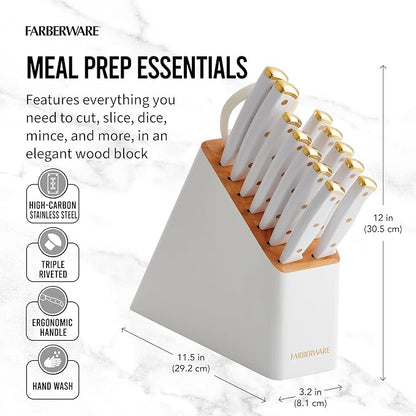 Farberware 14-Piece Knife Block Set, White and Gold – Razor-Sharp, High-Carbon Stainless Steel, Triple-Riveted, Ergonomic Handles, Stylish Wood Block