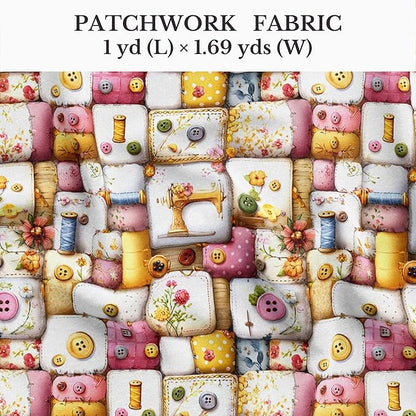 Vintage Sewing Notions Patchwork Cotton Fabric Panel 61 x 36.6 Inches, Buttons & Threads Quilt Print, Soft Pastel Multicolor Tones, 100% Cotton 140 GSM