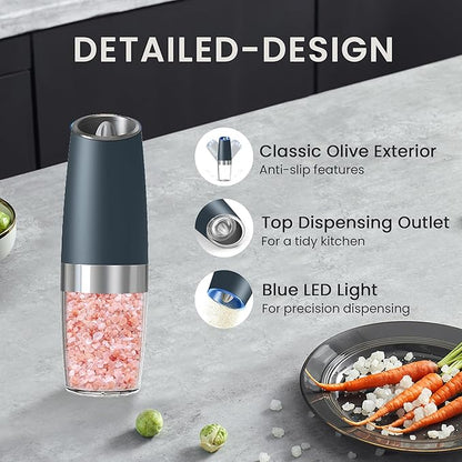 Battery Operated Salt And Pepper Grinder Set with LED Light, Automatic Electric Gravity Salt And Pepper Shakers Set, Each 6 AAA Batteries Needed, Adjustable Roughness, 2 Pack (Grey)