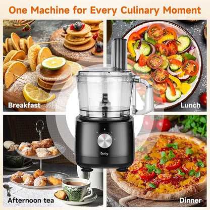 Davivy 7-Cup Food Processor with Built-in Storage Drawer | 600W Motor, 9-Blade Set for Wavy Slicing, French Fries, Dough Kneading | 3-Speed Compact Chopper for Home Kitchen Meal Prep, Black