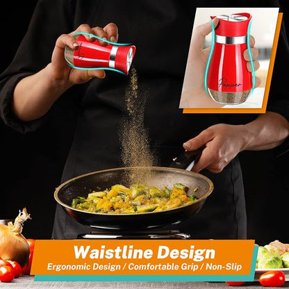 Red Salt and Pepper Shakers Set with Holder,4 oz Cute Christmas ktichen Decor and Accessories Theme Set Home Essentials Housewarming Gifts Refillable Design (Red)