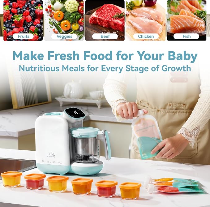 Chefhandy Baby Food Maker with Stainless Steel Steam Basket, One-Step Baby Food Processor Steamer Blender Puree Maker, Auto Steam & Blend for Homemade Baby Food, Includes 6 Reusable Food Pouches
