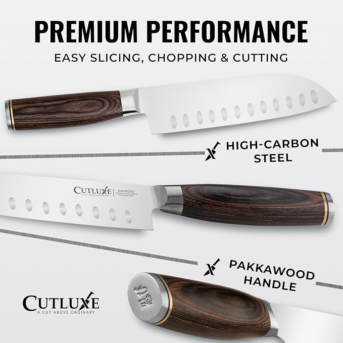 Santoku Knife – Ultra Sharp 7 Inch Meat and Vegetable Japanese Knife for Chopping, High Carbon Stainless Steel Blade, Full Tang Pakkawood Handle – Shinobi Series