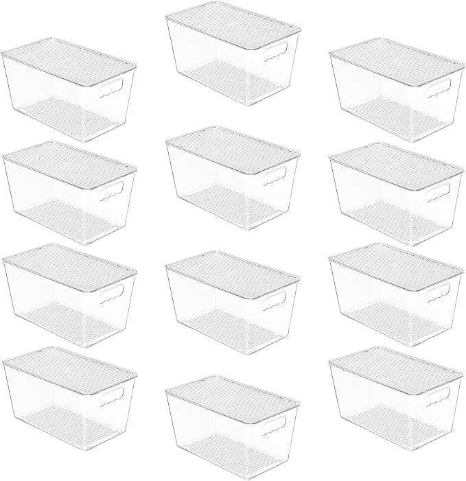 Vtopmart 12 Pack Clear Stackable Storage Bins with Lids, Medium Plastic Containers with Handle for Pantry Organizer and Storage,Perfect for Kitchen,Fridge,Cabinet, Closet,Bathroom Organization