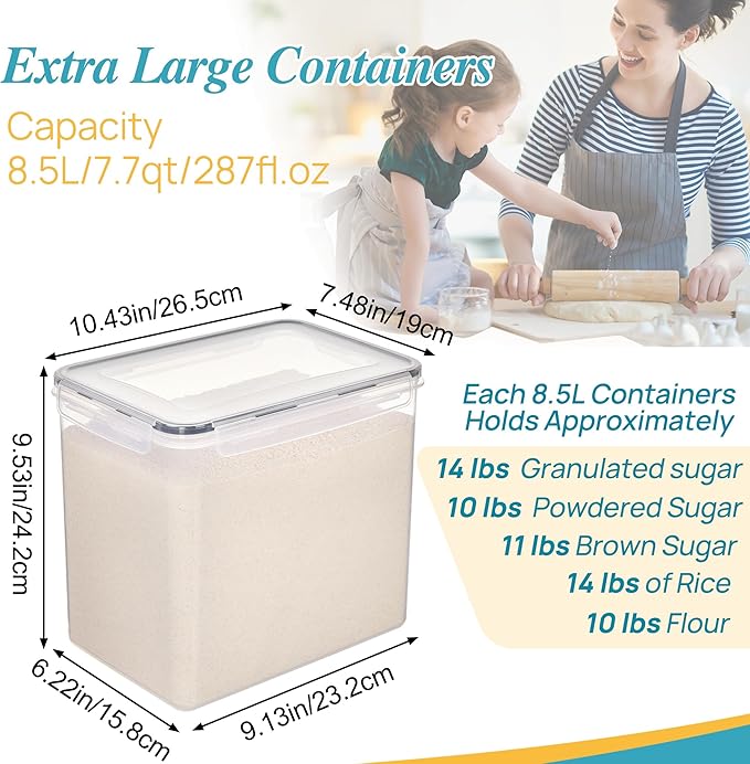 Vtopmart 8.5L 2 Pack Extra Large Flour Sugar Storage Containers, Each for 10lbs flour, Airtight Kitchen Pantry Organization Canisters with Lids for Bulk food, Rice, Baking Supplies, BPA Free, Black