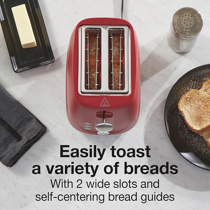 Proctor Silex Plastic 2 Slice Toaster, Bagel, Defrost & Cancel Buttons, Browning Control With 7 Shades, Auto Shutoff, Slide-Out Crumb Tray, Red (22661)