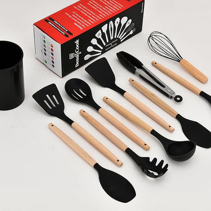 Silicone Cooking Utensils Set - 446°F Heat Resistant Silicone Kitchen Utensils Set, Spatula,Turner Tongs, Spoon, Whisk,Kitchen Gadgets for Nonstick Cookware, BPA Free（Black）