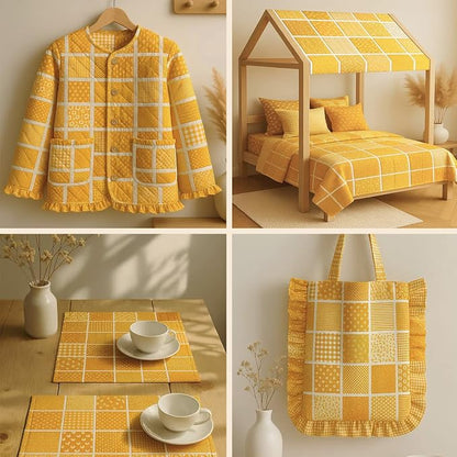Cotton Satin Patchwork Fabric Panel – 35 Designs, 20×20 cm Squares, Single Piece 150×110 cm, Yellow Patchwork Quilt Fabric (Sunny Bloom Patchwork Set, 35pcs 8x8 inch)