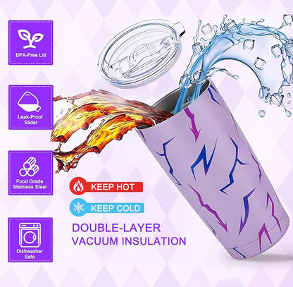 Glowvibe Kpop Cup - Purple Lightning Stainless Steel Reusable Tumbler,20 Oz Insulated Travel Coffee Mug with Lid and Straw for Iced Coffee Smoothie, Korean Pop Gifts for Women Girls Birthday Concert