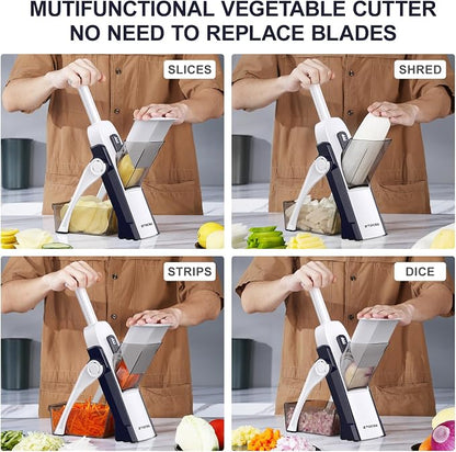 5 in 1 Safe Mandoline Slicer for Kitchen, Safe Vegetable Chopper with Paring Knife, Adjustable Thickness, Easy to Clean, Vegetable Slicer, Slicing, Strips, Shredding, Dicing, Chop (DarkBlue)
