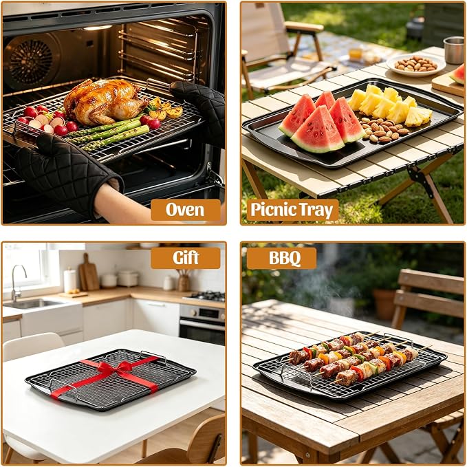 17.3" Large Baking Sheet with Rack & Glove, Carbon Steel Cookie Sheets for Baking, Nonstick Heavy Duty, Dishwasher Safe, Easy Clean, Dark Gray