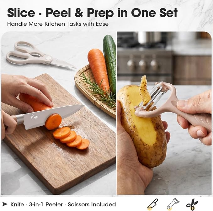Knife Set, Kitchen Knife Set with Block, 7 Pcs Kitchen Knife Set with 3-in-1 Peeler, Knife Block Set Compact Stainless Steel Knives with Wood Grain Finish Handles, Space Saving Kitchen Essentials