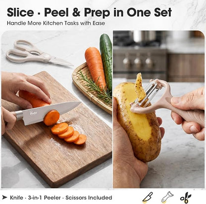 Knife Set, Kitchen Knife Set with Block, 7 Pcs Kitchen Knife Set with 3-in-1 Peeler, Knife Block Set Compact Stainless Steel Knives with Wood Grain Finish Handles, Space Saving Kitchen Essentials
