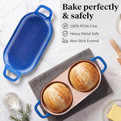 Cast Iron Dutch Oven for Sourdough Bread Baking, Enameled Bread Pot with Lid, Nonstick Double Loaf Pan for Homemade Bread, Cake & Meatloaf, Oven Safe to 500°F, 16.5cm Diameter, Blue