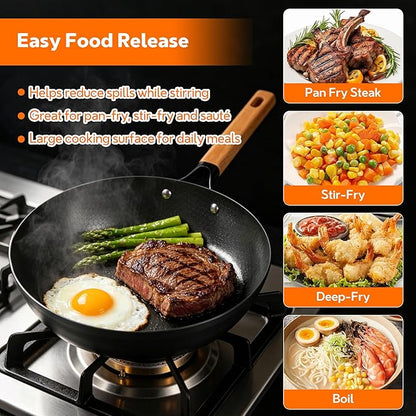 11-Inch Carbon Steel Frying Pan with Glass Lid, Pre-Seasoned Skillet with Honeycomb Interior, Deep Nonstick Fry Pan for Eggs, Omelets, Fried Rice, All Cooktops Compatible, Oven Safe 450°F