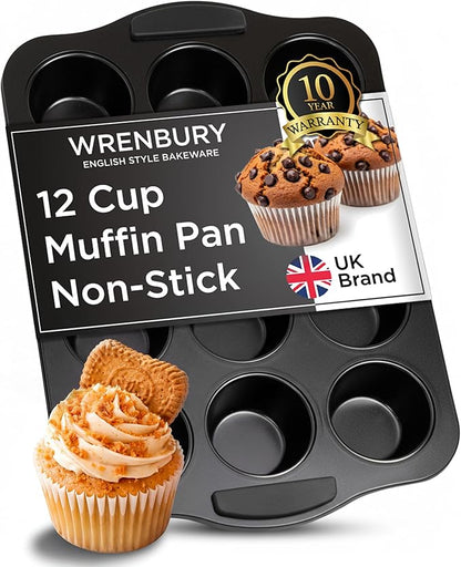 Wrenbury Muffin Pan 12 Cup Non-Stick – Deep Yorkshire Pudding Tin | PTFE & PFOA Free Carbon Steel, Warp Resistant Baking Tray for Evenly Baked Cupcakes
