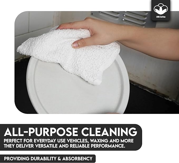 Terry Bar Mop Towels - 60 Pack (14"x17") White Cotton Terry Cloths, Super Absorbent Cleaning Rags, Reusable Bar Mop Towels for Kitchen, Garage, Salon, Spa & Commercial Use