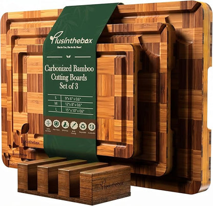 Checkered Cutting Board Set with Holder, Set of 3 Butcher Block End Grain Chopping Boards for Kitchen, Decorative Wooden Boards with Stand for Serving, Charcuterie, Meat, Fruit and Meal Prep