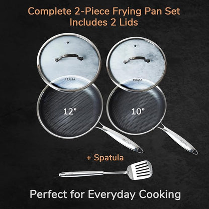 Honeycomb Stainless Steel Nonstick Frying Pan Set - with Lids and Spatula - 10 12 Inch Hybrid Pan - Induction Compatible - PFOA-Free - Oven Safe - Dishwasher Safe Skillet