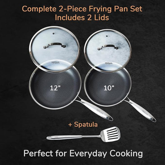 Honeycomb Stainless Steel Nonstick Frying Pan Set - with Lids and Spatula - 10 12 Inch Hybrid Pan - Induction Compatible - PFOA-Free - Oven Safe - Dishwasher Safe Skillet