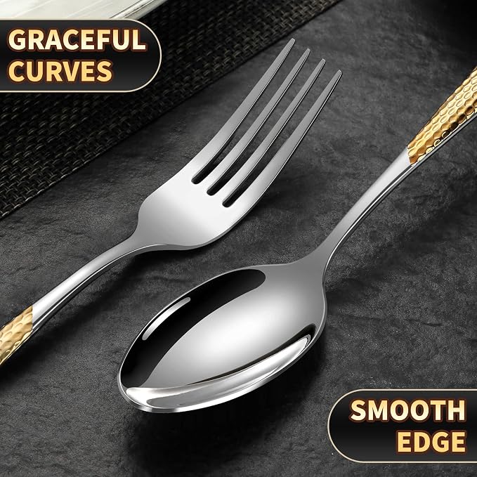 Lemeya 40-Piece Hammered Silver Gold Silverware Set for 8,18/10 Stainless Steel Flatware Set with Serrated Forged Knives,Heavy Duty Cutlery Set for Home & Party,Mirror Polished, Dishwasher Safe