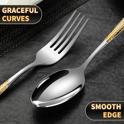 Lemeya Hammered 30-Pieces Silver Gold Silverware Set for 6 with Serrated Forging Knives, 18/10 Stainless Steel Modern Flatware Set, Unique Cutlery Set, Mirror Polished, Dishwasher Safe