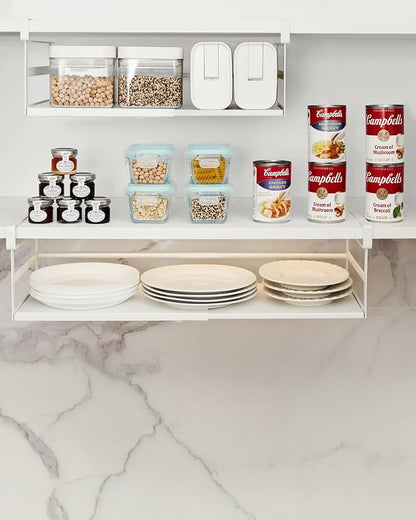 Under Shelf Storage Basket, 2-Pack Under Cabinet Shelf Organizer | Expandable Hanging Basket Holds 35 lbs Add-On Kitchen Pantry Cupboard Counter Laundry 13.19-23.03" W x 8.66" D x 5.12" H