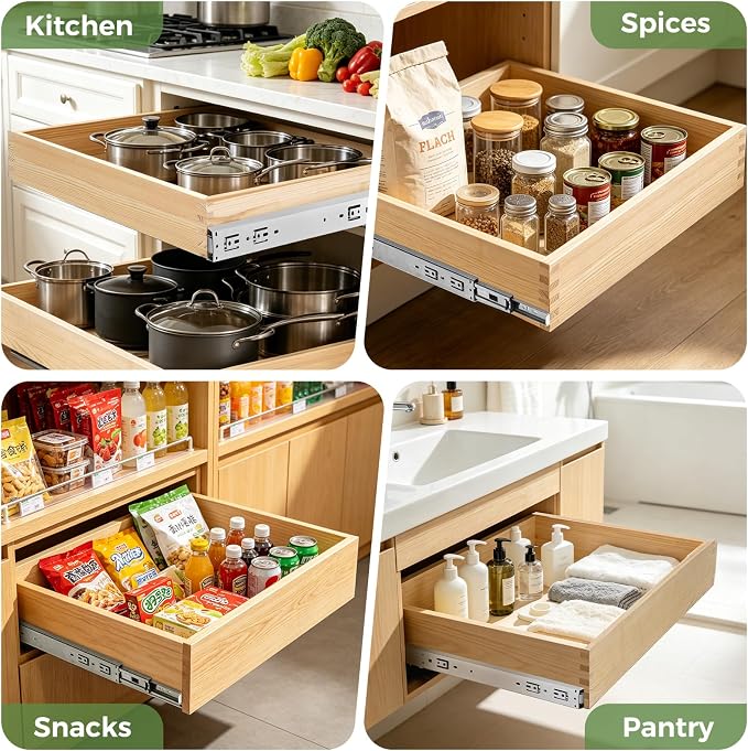 Wooden Pull Out Cabinet Organizer 24" W x 21" D x 3" H Solid Wood Drawer with Soft Close Slides Bottom or Side Mount for Pantry Bathroom Bedroom Dining Room Storage