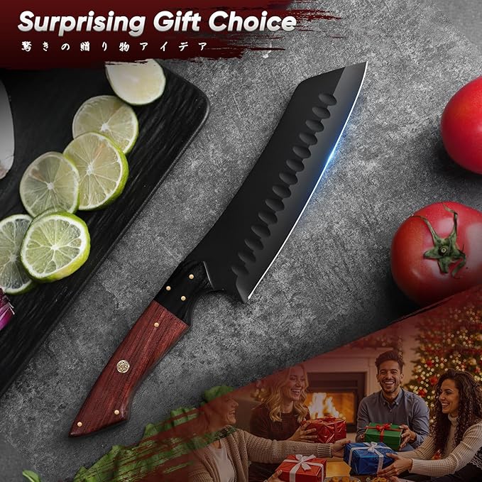 TIVOLI Santoku Knife 7 Inch - Japanese Chef Knife for Fish - Bunka Knives for Meat - Kiritsuke for Vegetables - Black Slicing Knives with Full Tang Handle - Cooking Gifts for Men and Women