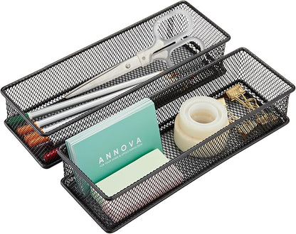 Annova Mesh Stackable Drawer Cabinet and Shelf Organizer Bins Storage Basket School Office Supply Holder Tray- Set of 2 (Black, 3x9x2 Inch)