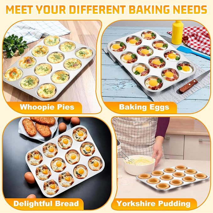 P&P CHEF 12-Cup Muffin Top Pan (1 Piece), Stainless Steel Muffin Pan Cupcake Tin with Shallow Side for Whoopie Pie & Yorkshire Pudding, Easy Clean & Oven Safe, Silver