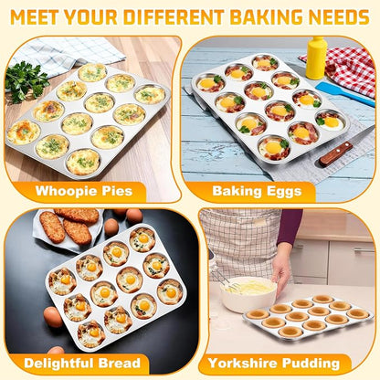 P&P CHEF 12-Cup Muffin Top Pan (1 Piece), Stainless Steel Muffin Pan Cupcake Tin with Shallow Side for Whoopie Pie & Yorkshire Pudding, Easy Clean & Oven Safe, Silver