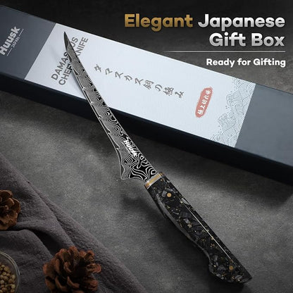 Huusk Damascus Fillet Knife 7 Inch, Ultra Sharp Japanese Boning Knife for Meat Poultry Chicken Trimming, Fish Knives with Resin Handle, Gifts for Men Women