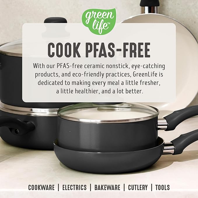 GreenLife 16-Piece Nonstick Cookware Set, Non-Toxic Ceramic Pots and Pans Set, Durable Healthy Kitchen Essentials, Fast Heating, Induction Ready, Easy Clean Dishwasher Safe, PFAS-Free, Graphite Black