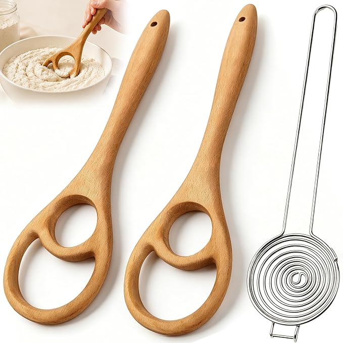 Wooden Danish Dough Whisk Set, 12.6” Seamless Dough Whisk for Sourdough Bread, Wood Mixing Tools for Non-Stick Cookware, Dutch French Whisks for Cooking, Mixing Batter, Crème, Sauce & Egg