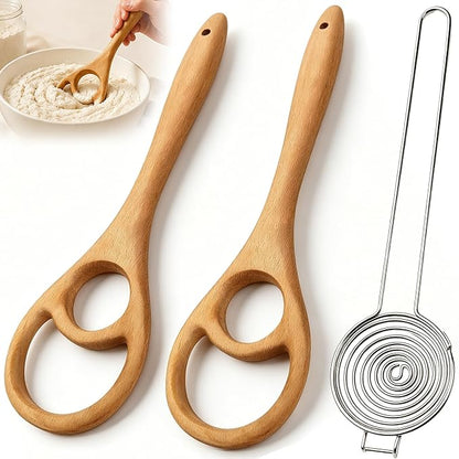 Wooden Danish Dough Whisk Set, 12.6” Seamless Dough Whisk for Sourdough Bread, Wood Mixing Tools for Non-Stick Cookware, Dutch French Whisks for Cooking, Mixing Batter, Crème, Sauce & Egg