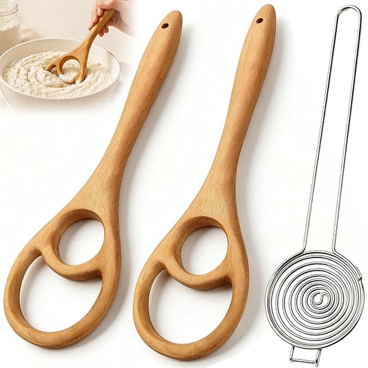 Wooden Danish Dough Whisk Set, 12.6” Seamless Dough Whisk for Sourdough Bread, Wood Mixing Tools for Non-Stick Cookware, Dutch French Whisks for Cooking, Mixing Batter, Crème, Sauce & Egg