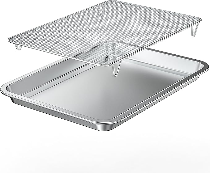 Baking Sheet with Wire Rack Set, 15.35''x 11.5'' Stainless Steel Cookie Sheet and Cooling Rack, Non-stick Cooking Pan with Grease Mesh Strainer Kitchen Bakeware for Smoker and Grills,Oven Safe