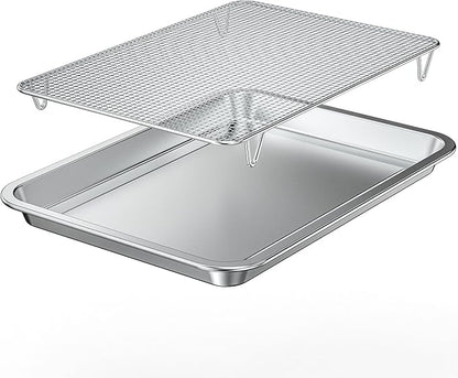 Baking Sheet with Wire Rack Set, 15.35''x 11.5'' Stainless Steel Cookie Sheet and Cooling Rack, Non-stick Cooking Pan with Grease Mesh Strainer Kitchen Bakeware for Smoker and Grills,Oven Safe