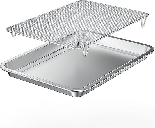 Baking Sheet with Wire Rack Set, 15.35''x 11.5'' Stainless Steel Cookie Sheet and Cooling Rack, Non-stick Cooking Pan with Grease Mesh Strainer Kitchen Bakeware for Smoker and Grills,Oven Safe