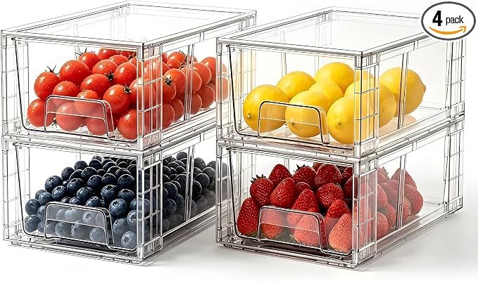 4 Pack Stackable Storage Drawers with Handles, Easy Assembly Clear Acrylic Fridge Organizer, Refrigerator Organizers and Storage for Kitchen, Under Sink, Pantry, Bathroom