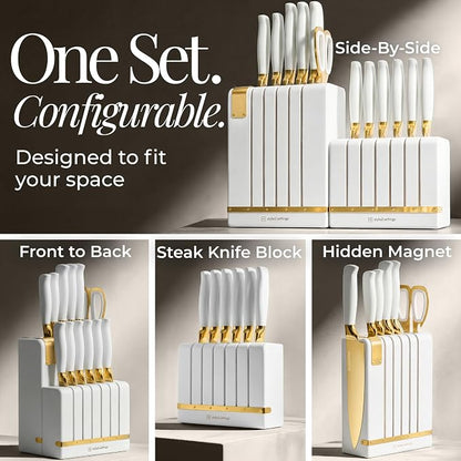 White and Gold Knife Set with Magnetic Knife Holder - Space Saving Convertible In Drawer Knife Set with Built In Sharpener, German Stainless Steel Kitchen Knives