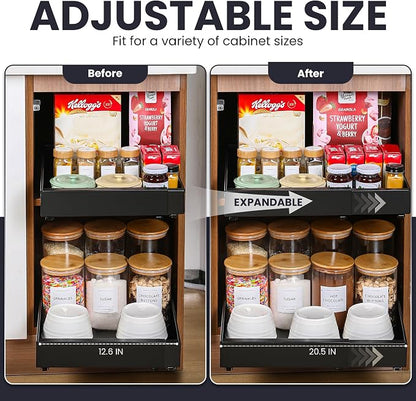 Pull Out Cabinet Organizer – Adjustable Sliding Shelf Inserts for Cabinets - Expandable Shelf Organizer from 12.6" to 20.5" – No Drill or Screw Install (Black, 1 Pack)