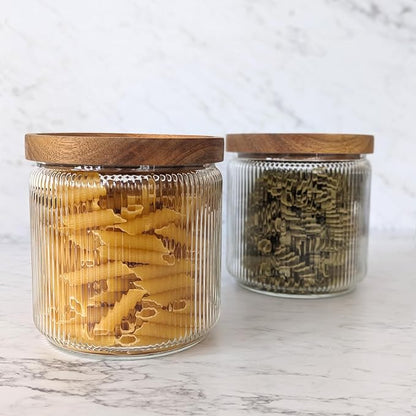 Mason & Fable Ribbed Glass Jar, Stackable & Airtight Wooden Lid- Storage Canister for Cereal, Pasta, Rice/Flour - High End Look for Kitchen, Pantry, Bar Organization - 40oz, Set of 2