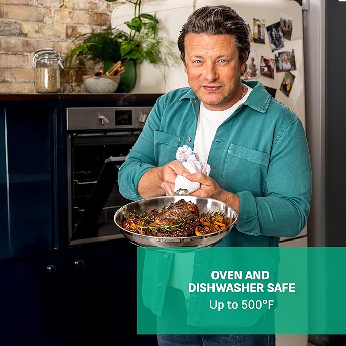 T-Fal x Jamie Oliver Cooks Smart Stainless Steel Pan 11-Inch, Induction Compatible, Oven Safe up to 500°F, Chef's Stainless Steel Skillet, Frying Pan, Silver