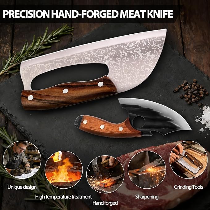 2 Pcs Meat Cleaver Knife Set, Effort Saving Meat Cleaver for Cutting Meat Vegetable, Sharp Carbon Steel Cooking Viking Knife with Leather Sheath for Kitchen, Camping, Outdoor Cooking, BBQ Gift