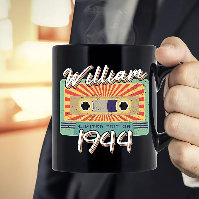 Personalized Vintage Cassette Tape Vintage 1944 Mug, Custom Your Name, 1944 Retro Coffee Mug, 78th Birthday Present Gifts, 1944 Birthday Gift For Friends Family, Customizable Black Tea Cups